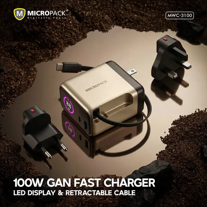 Micropack MWC-3100 100W GaN Fast Charging Wall Charger 4-IN-1 Travel Adapter with LED Display & Retractable Cable