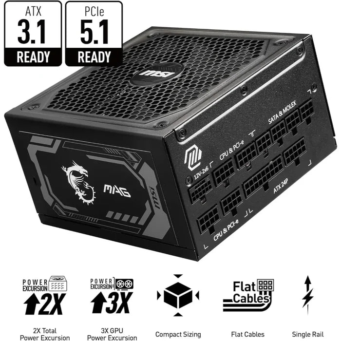 MSI MAG A1250GL PCIE5 1250W 80 Plus Gold Fully Modular Power Supply - PakByte