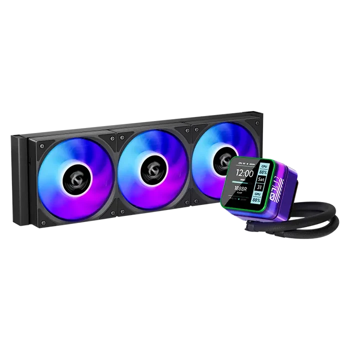 Power Train S360 360mm ARGB AIO Liquid CPU Cooler with 2.8" LCD Screen - Black
