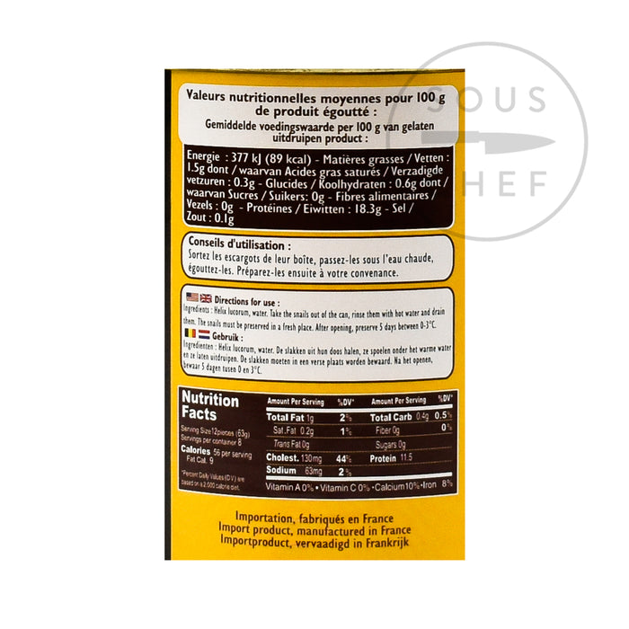 Large Tinned Snails 8 dozen ingredients nutritional information