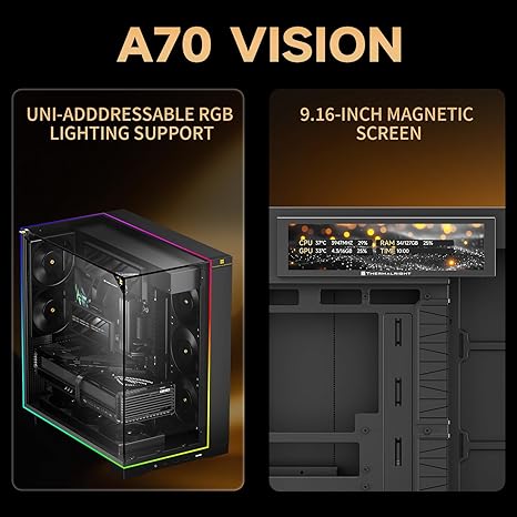 Thermalright A70 Vision ATX Gaming Case with 9.16" LCD Display - Black