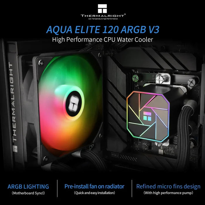Thermalright Aqua Elite 120 V3 Liquid CPU Cooler, PWM ARGB Fan with S-FDB Bearings - Black - PakByte Computers