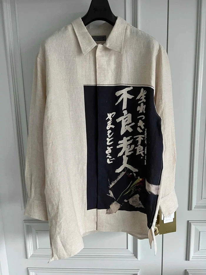 TOP-YAMAMOTO original design, French linen, bad old man printed linen shirt, light-colored gentleman