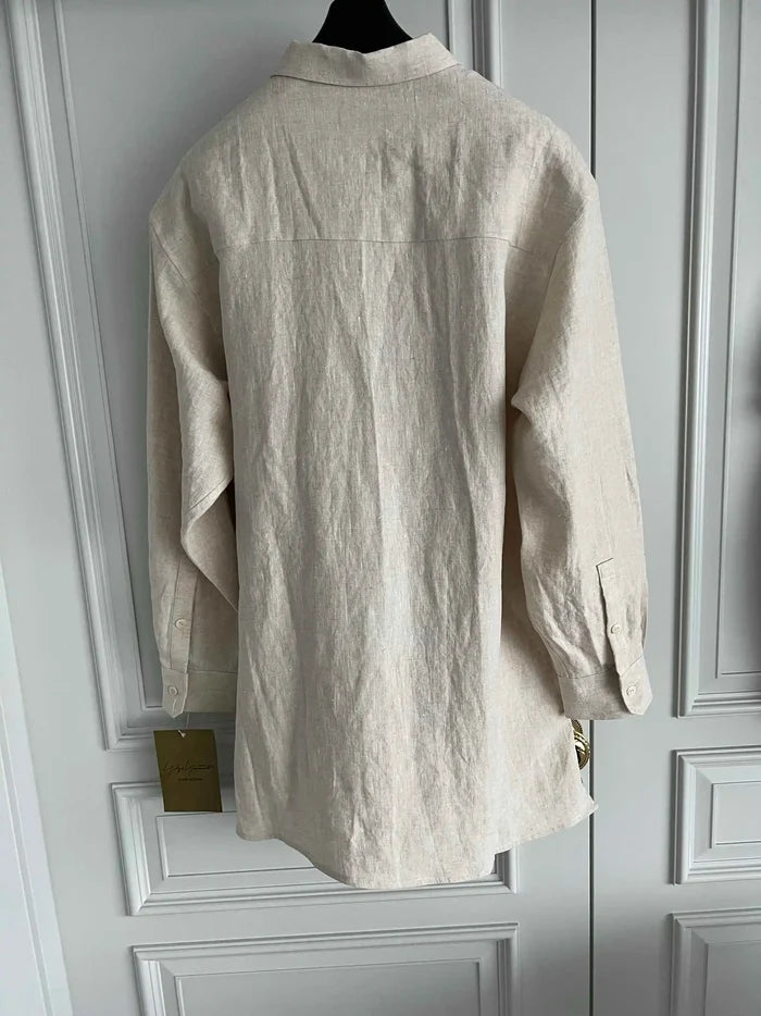 TOP-YAMAMOTO original design, French linen, bad old man printed linen shirt, light-colored gentleman
