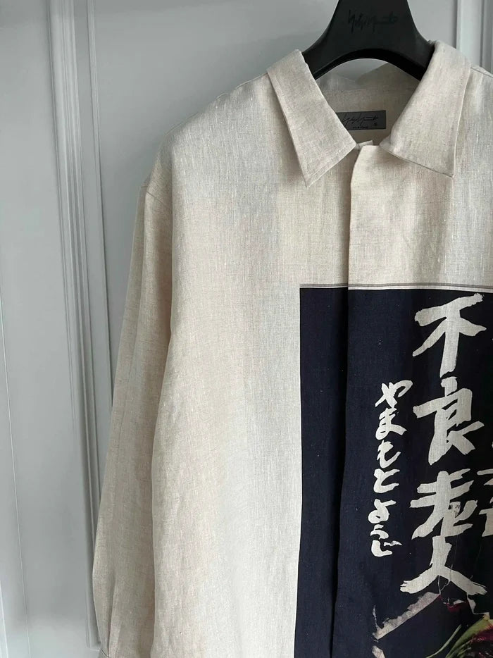 TOP-YAMAMOTO original design, French linen, bad old man printed linen shirt, light-colored gentleman