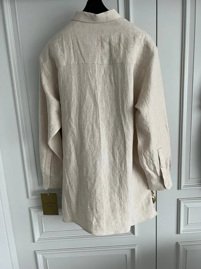 TOP-YAMAMOTO original design, French linen, bad old man printed linen shirt, light-colored gentleman
