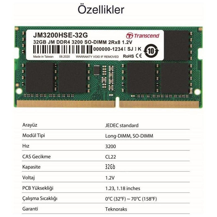 Transcend JetFlash 32GB (1x32GB) 3200MHz C22 DDR4 SO-DIMM Laptop Memory