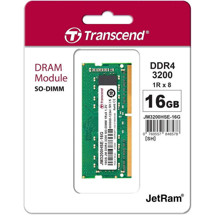 Transcend JetRam 16GB (1x16GB) 3200MHz C22 DDR4 SO-DIMM Laptop Memory