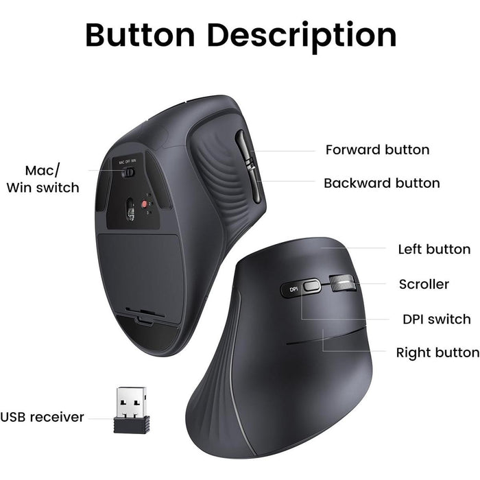 Ugreen Vertical Mouse Wireless (Bluetooth 5.0+2.4G) Ergonomic Mouse with 5 Buttons, 1000/1600/2000/4000 DPI, Prevention of Mouse Arm, Vertical Mouse Compatible with PC/Laptop/Tablet, Black - PakByte