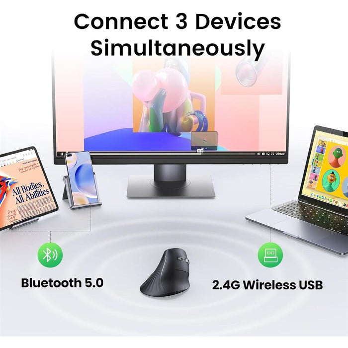 Ugreen Vertical Mouse Wireless (Bluetooth 5.0+2.4G) Ergonomic Mouse with 5 Buttons, 1000/1600/2000/4000 DPI, Prevention of Mouse Arm, Vertical Mouse Compatible with PC/Laptop/Tablet, Black - PakByte