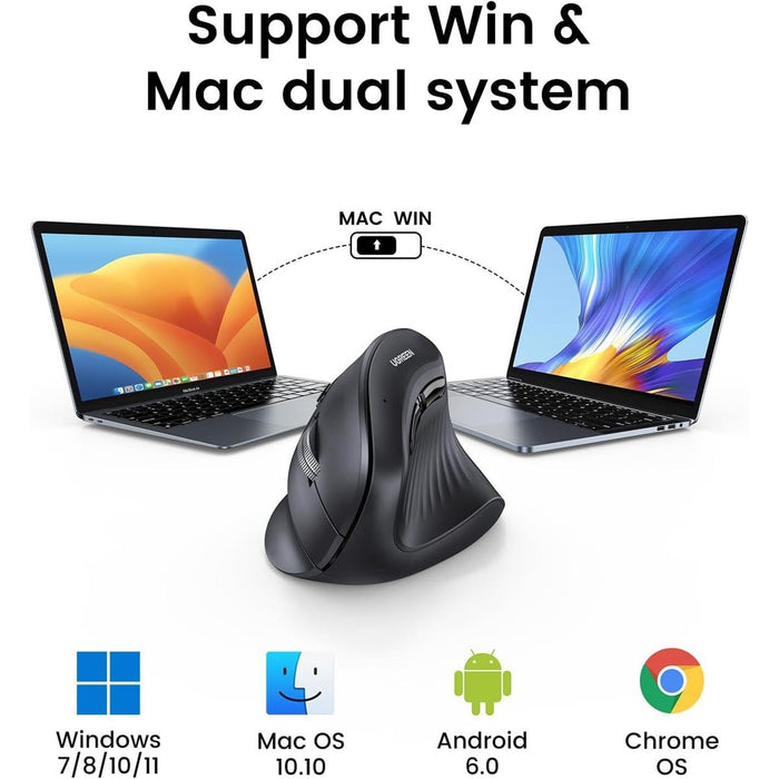 Ugreen Vertical Mouse Wireless (Bluetooth 5.0+2.4G) Ergonomic Mouse with 5 Buttons, 1000/1600/2000/4000 DPI, Prevention of Mouse Arm, Vertical Mouse Compatible with PC/Laptop/Tablet, Black - PakByte