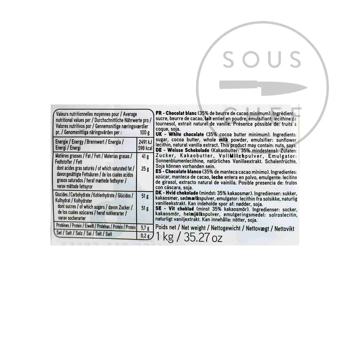 Valrhona Ivoire White Chocolate Chips 1kg back of pack